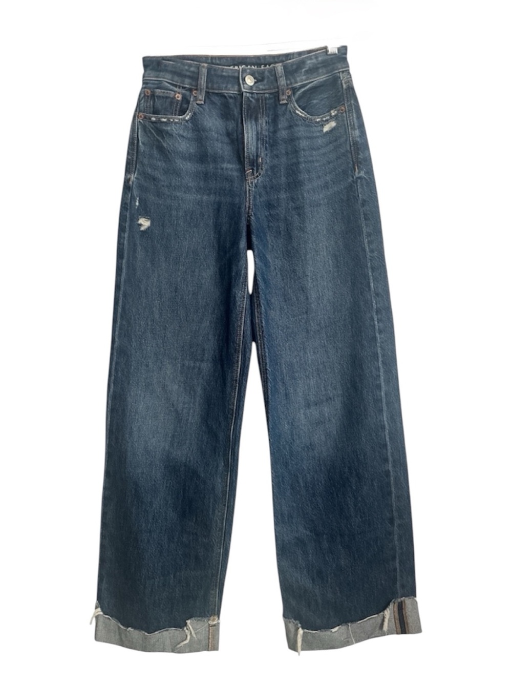 American Eagle Super High Rise Baggy Wide Leg Jeans With Frayed Cuffs Size 0